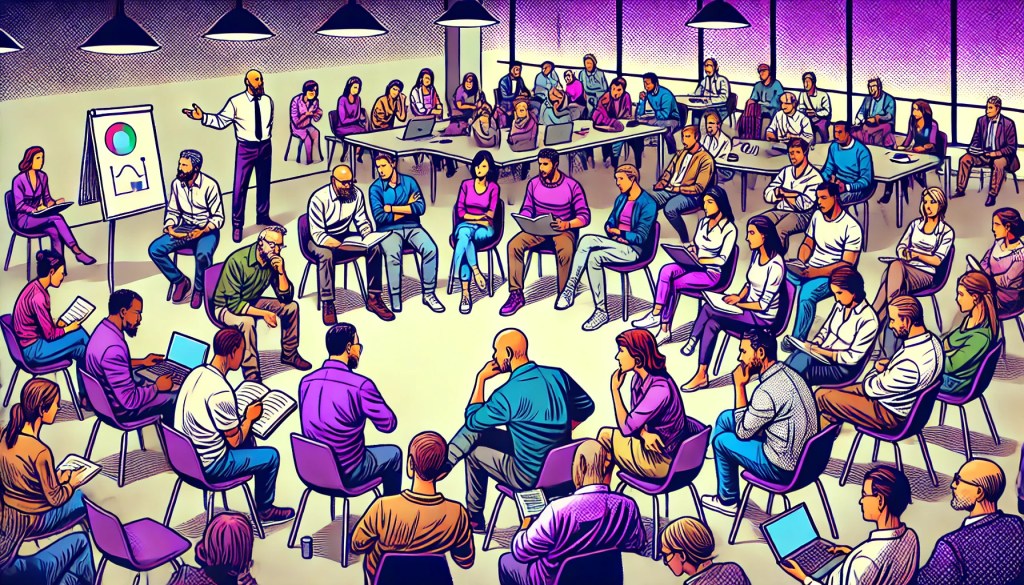 Comic-style illustration of a diverse group of participants engaged in a collaborative workshop. The people sit in clusters or a semi-circle, actively discussing with notebooks and laptops. The facilitator, a bald man in a purple shirt, stands off to the side, playing a subtle role. The room is modern, filled with vibrant purple tones, creating an energetic atmosphere that highlights the group's focus on teamwork and interaction.