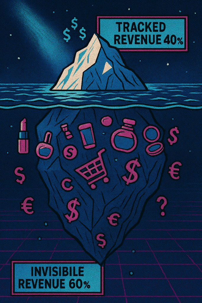 An 80s comic book-style illustration of an iceberg floating in a digital ocean. The small visible tip is labeled “TRACKED REVENUE 40%” and has a few dollar signs around it. The massive submerged portion is labeled “INVISIBLE REVENUE 60%” and filled with beauty products, shopping carts, and various currency symbols. The scene is lit dramatically from above, with dark mysterious depths and a neon grid pattern below.
