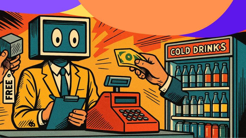 An 80s comic-style illustration of a humanoid AI robot with a monitor for a head, dressed in a yellow suit, operating a cash register. The robot holds a clipboard while a hand offers it money. To the left, another hand presents a metal cube labeled “FREE.” In the background, there’s a refrigerator labeled “COLD DRINKS” stocked with colorful bottles. Bold lines and vibrant retro colors give the scene a vintage comic book feel.