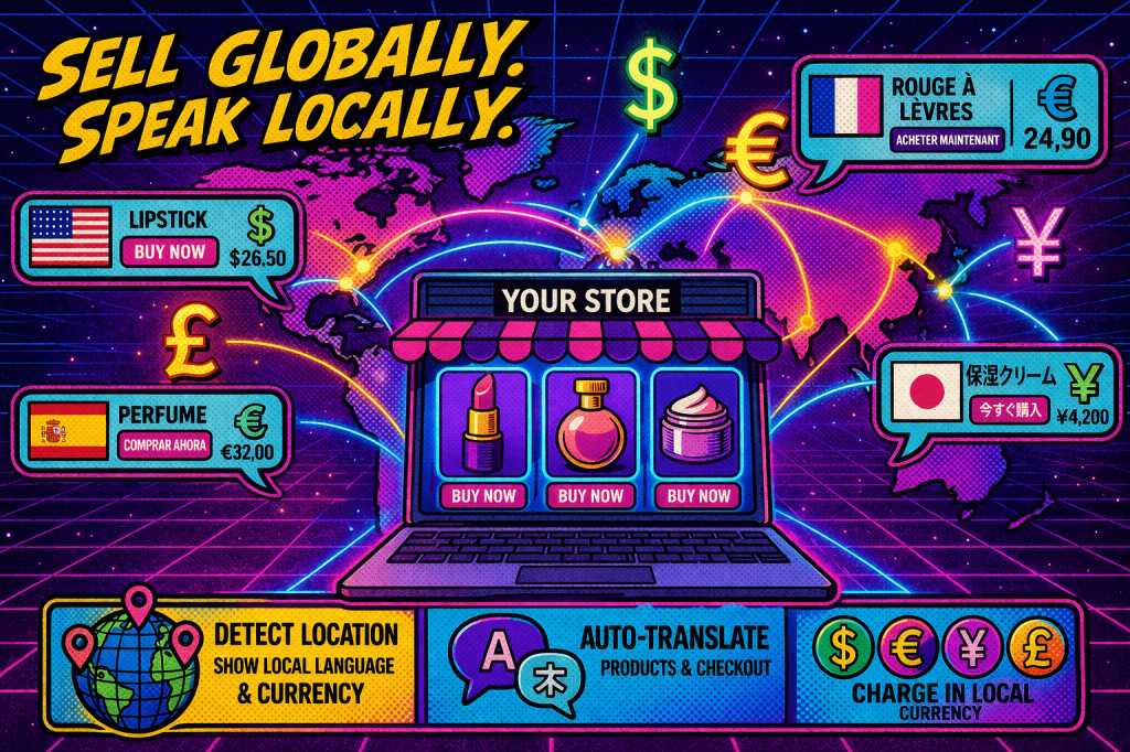 An 80s comic book-style illustration of global e-commerce. A laptop displaying an online beauty store sits at the center, connected to a glowing world map with neon lines. Around it, speech bubbles show different languages like English, French, and Japanese, alongside local prices and currencies such as dollars, euros, pounds, and yen. Product cards adapt to regions, and bold comic text reads “Sell globally, speak locally.” The scene uses neon pink, purple, and blue tones with halftone textures and grid patterns.